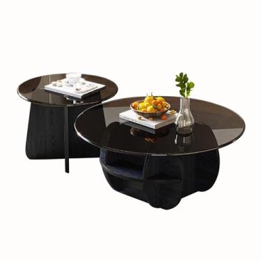 Imagem de Conjunto de 2 mesas de centro redondas de madeira, mesa de centro de vidro, mesa lateral de sofá com armazenamento, para sala de estar, quarto, escritório, varanda (80 + 50 cm, preto)