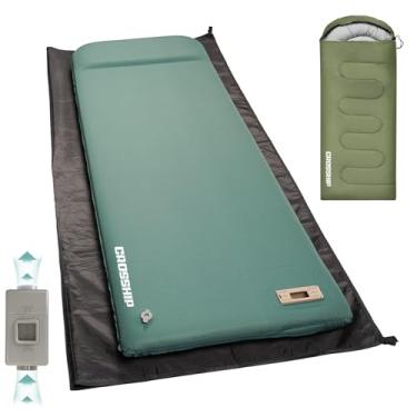 Imagem de CROSSHIP Almofada de dormir autoinflável e conjunto de lona de acampamento à prova d'água, almofada de dormir com isolamento ultragrosso com bomba embutida para acampamento e caminhadas, lona portátil