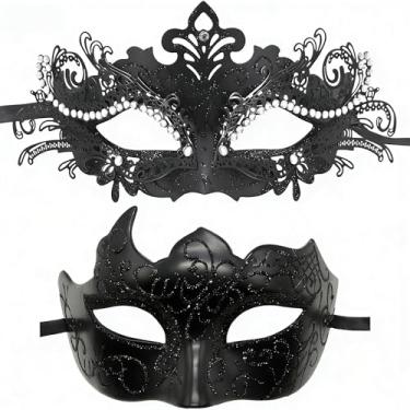 Imagem de Derlinvine Couples' Masquerade Masks,Venice Painted Masks Halloween Parties Metal Plastic Lace Carnival Goggles - Black