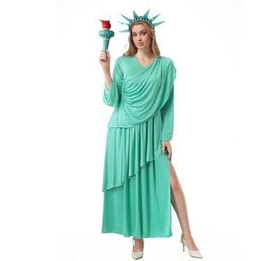 Imagem de HAPNBCELE Fantasia feminina Lady Liberty com tocha, coroa, 4 de julho, fantasia fantasia estátua das liberdades cosplay Halloween, Verde menta, M