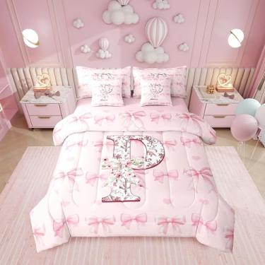 Imagem de Erosebridal Conjunto de cama solteiro com letra P, laço e alfabeto rosa, 7 peças | Conjunto de edredom com laço de flores e corações de amor, kawaii, para meninas e crianças