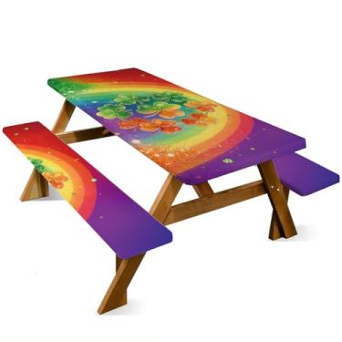 Imagem de ANNA QUEEN Conjunto de capa de mesa de piquenique de boneco de neve de Natal de 1,8 m com capas de banco, 3 peças, 183 x 76 cm, proteção de móveis para banco e toalha de mesa (trevo arco-íris)