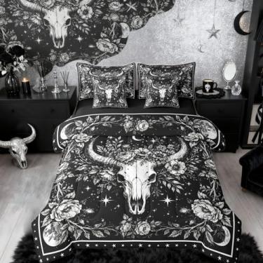 Imagem de Erosebridal Jogo de cama gótico queen em uma bolsa | Conjunto de edredom e lençol de caveira de vaca touro, galáxia, vintage, floral, preto, gótico