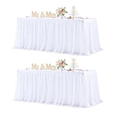 Imagem de Toalha de mesa branca retangular de 2,4 m de elastano, toalha de mesa retangular de tule de 2,4 m, toalhas de mesa elásticas para festa, banquete, aniversário, chá de bebê, casamento, toalha de mesa