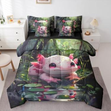 Imagem de Jogo de cama de casal com estampa de animais selvagens, flores selvagens, folhas de plantas, folhas e folhas de axolotl, oceano azul, decoração estética de quarto
