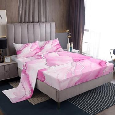 Imagem de Feelyou Jogo de lençol casal com estampa de textura de mármore, moderno, estética, arte em aquarela, retrô, lençol com elástico alto, lençol com elástico alto, estampa de textura de mármore