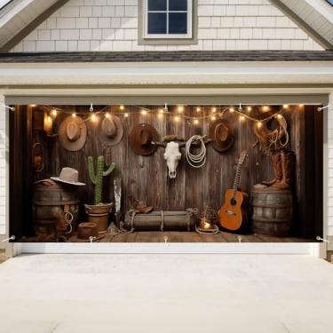 Imagem de Capa de porta de garagem de aniversário, cenário fotográfico de faixa de feliz aniversário, fundo de festa para decoração de parede interna e externa (festa caubói ocidental, 2,1 x 4,9 m)