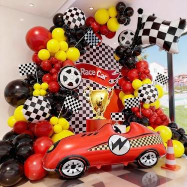 Imagem de Race Car Balloon Arch Kit, Race Cars Birthday Decorations Party, Red Black Yellow Flag Tire Checkered Balloons Arch Kit, Cars Themed Birthday Party Decorations Supplies