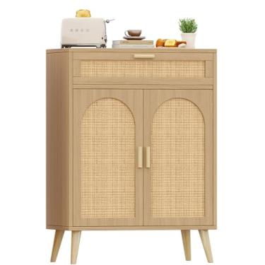 Imagem de Armário buffet de vime com armazenamento, mesa de buffet boho com prateleira e portas ajustáveis, armário de armazenamento de chão de cozinha com gaveta, cafeteria para sala de estar, sala de jantar