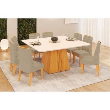 Imagem de Conjunto: Mesa Sala Jantar Itália c/ Tampo Madeirado c/ Vidro Curvo 136x136cm e 8 Cadeiras Ondina Cedro/Off White - Linho Bege - DJ Móveis