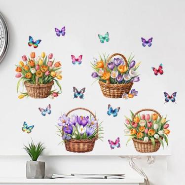 Imagem de Adesivos de parede Spring Tulip Flower Basket, PVC autoadesivo - yiwei