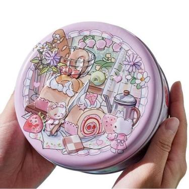 Imagem de Caixa de presente redonda de metal rosa, biscoito de desenho animado 1