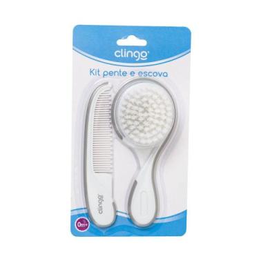 Imagem de Kit Escova e Pente de Cabelo Cinza/Branco Higiene Completa - Clingo - 