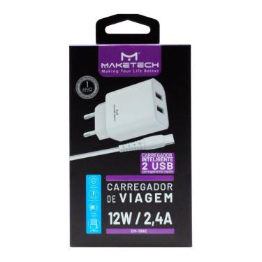 Imagem de Carregador de Viagem Maketech com 2 Portas USB 12W 2.4A e Cabo Tipo C CM 109C