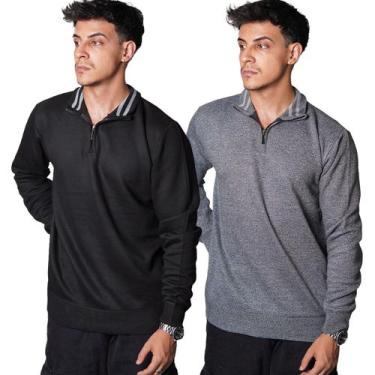 Imagem de Kit 2 Blusa Polo Meio Zíper Masculino Manga Longa 100 Poliéster Outono