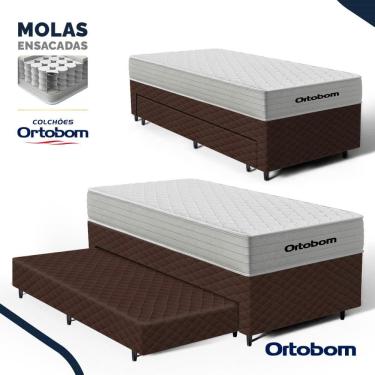 Imagem de Cama Box com Colchão de Molas Ensacadas Ortobom One Face Plenno + Auxiliar de Espuma Solteiro 88 cm