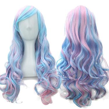 Imagem de Peruca de comprimento alisado de 70 cm, cores mistas, cabelo ondulado longo e encaracolado para mulheres e meninas cosplay festa fantasia peruca (azul, roxo)