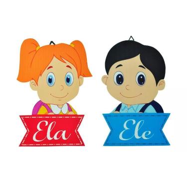 Imagem de 2 Placa Decorativa De Quarto - Banheiro Infantil - Ele E Ela