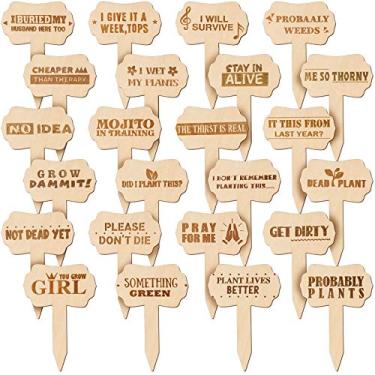 Imagem de 24 peças marcadores engraçados de plantas etiquetas de plantas de madeira tipo T marcadores de plantas marcadores de plantas de madeira para vegetais flores em vaso de jardim