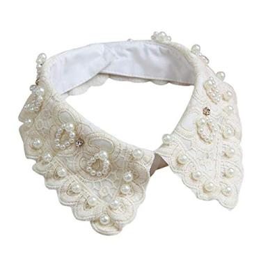 Imagem de Vpang blusa destacável gola falsa retrô renda pérola colar gargantilha Peter Pan colar bege, Bege, G