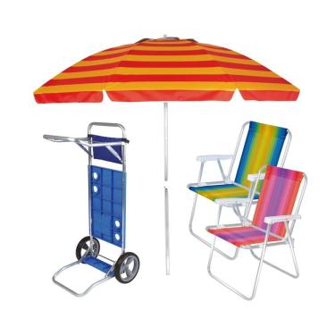 Imagem de Kit Praia Carrinho De Praia + 2 Cadeira Alta Alumínio + Guarda Sol 2,4m Articulado - Mor