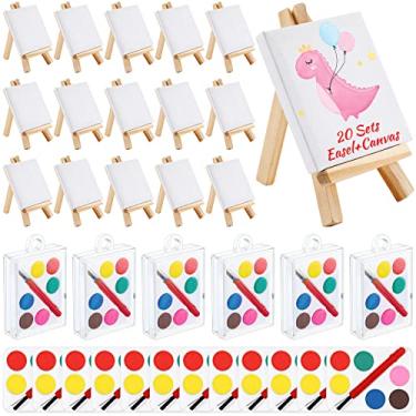 Imagem de Fulmoon Conjunto de 20 peças de tintas para aquarela, mini conjuntos de tintas para aquarela, lembrancinhas de festa, painel de pintura de tela de 7,8 x 7,5 cm, com mini cavalete de madeira, kit de pincéis de pintura em tela esticada, retângulo