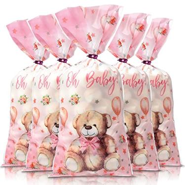 Imagem de Pajean Pacote com 100 sacos de presente de urso para chá de bebê de celofane de pelúcia, sacos de plástico para presente com laços metálicos para revelação de gênero de aniversário (rosa)