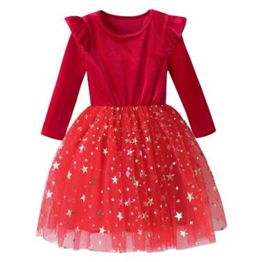 Imagem de GSVIBK Vestido tutu para bebês meninas, sem mangas, de algodão, tutu, de manga comprida, vestido de tule, vestido de festa de princesa, Estrela vermelha de veludo 5-1 longa, 12 Meses