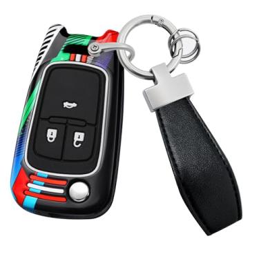 Imagem de HIBEYO Capa de chaveiro dobrável compatível com Buick Encore Apto para Chevy Camaro Equinox Impala Sonic Trax GMC Terrain Acessórios Metal Painted Key Shell com chaveiros de couro - 3 botões preto