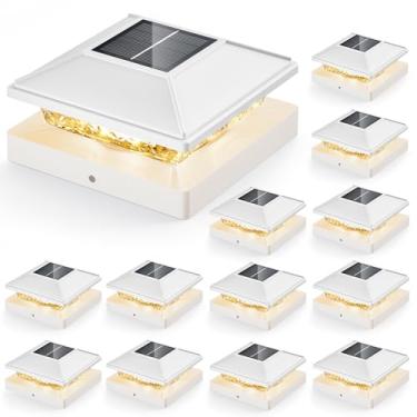 Imagem de 12 unidades, 12 unidades, poste de cerca de deck 4 x 4, luzes solares externas com iluminação branca quente, luzes solares brancas à prova d'água para postes de vinil/madeira para decorar cerca, deck