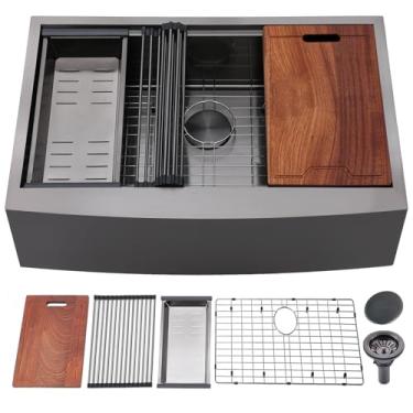 Imagem de IKEBANA Pia de fazenda de 83 x 56 cm, pias de cozinha de 83 cm com pias de fazenda de tigela única grande, avental de estação de trabalho, pia frontal com todos os acessórios