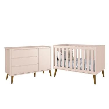 Imagem de Jogo de Quarto Infantil Theo Retrô Cômoda 1 Porta e Berço Rosa com Pés