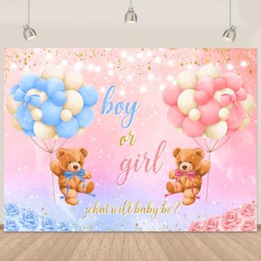 Imagem de Pano de fundo revelador de gênero menino ou menina, tema de urso menino ou menina, faixa dourada com glitter What Will Baby Be Baby Gênero Revelar pano de fundo azul rosa balão fotografia decoração de