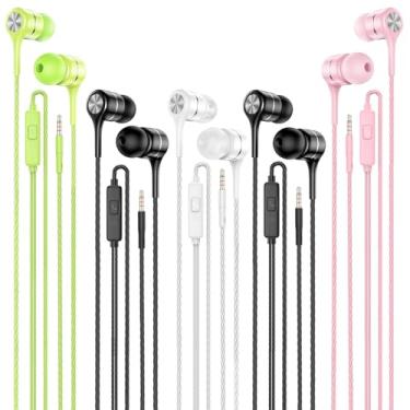 Imagem de Fones de ouvido com fio com microfone pacote com 5, fones de ouvido intra-auriculares com graves pesados, fones de ouvido de compatíveis com iPod, iPad, MP3, telefones Android, serve para todos os conectores de 3,5 mm