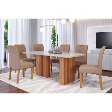 Imagem de Sala de Jantar Completa Ester Tampo Madeirado c/ Vidro 180x90cm e 6 Cadeiras Juliana Cinamomo/Off White - Carvalho/Linho Bege - Cimol