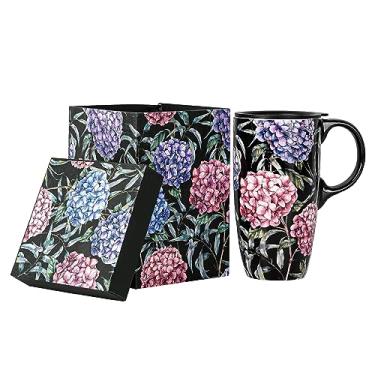 Imagem de Topadorn Caneca de café de cerâmica alta copo de cerâmica com tampa e caixa de cor 500 ml, flores rosa e roxas