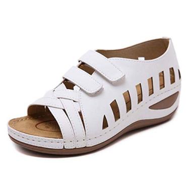 Imagem de Bigfanshu Sandálias femininas de verão 2020 com plataforma de couro macio e salto gladiador, Branco, 37 BR G