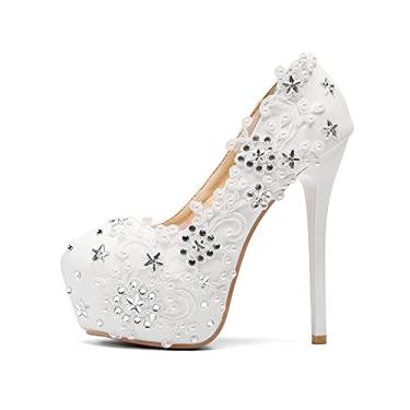 Imagem de Bigfanshu Sandálias femininas de salto alto, sapatos de salto alto, salto alto, salto fino, salto alto, bico fino, bico fino, para noivas, casamentos, festas noturnas com strass, Branco, 39 BR