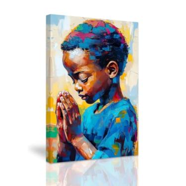 Imagem de QIXIANG Arte de parede de menino afro-americano preto rezando impressões de retrato de criança africana pintura em tela decoração de quarto infantil cristã emoldurada (azul, 30,5 x 45,7 cm)