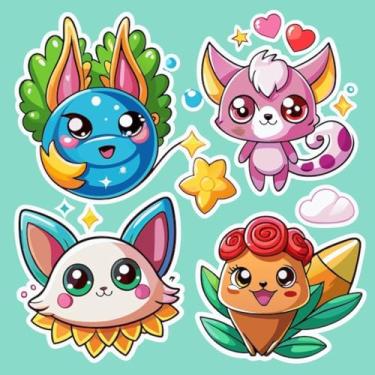 Imagem de Adesivos Kawaii para Crianças Decorativos de Quarto e Cadernos - Conjunto com 4 Figuras Fofas em Estilo Mascote 50x50cm