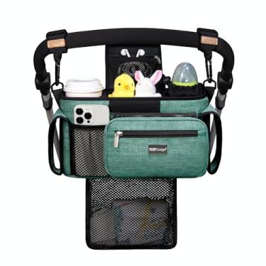 Imagem de TOPDesign Organizador universal de carrinho de bebê, suporte de carrinho de bebê com bolsa de malha removível, porta-copos com isolamento elevado e acessórios de ganchos seguros antiderrapantes, serve