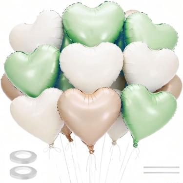 Imagem de 15 balões de coração, balões BetterJonny de 45,7 cm verde creme branco caramelo em forma de coração com canudo e fita balões de filme de alumínio para decorações de casamento, aniversário, noivado