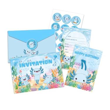 Imagem de WADACIPPSELLER 12 peças de cartões de convite axolotl azul suprimentos de festa incluem cartões de convite envelopes e adesivos para meninos e meninas axolote azul decorações de festa de aniversário