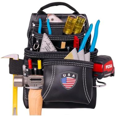 Imagem de FESA Bolsa de ferramentas de couro para carpinteiro - Bolsa de carpinteiro de couro de grão superior pesado com 10 bolsos com 2 laços de martelo, bolsos grandes e pequenos - serve para cintos de