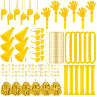 Imagem de Soulchen 180 peças de acessórios amarelos de espírito de equipe escolar a granel dia do espírito do time sortido palitos de trovão apitos de mão apitos megafone pompons de torcida óculos adesivo para