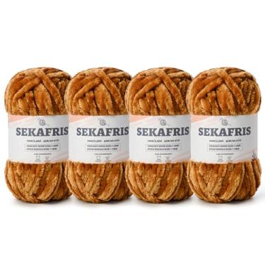 Imagem de Fio de chenille grosso felpudo para crochê, fios macios de pelúcia para tricô à mão, fio de cobertor de bebê volumoso 4 x 100 g (4 x 49,2 jardas) para crochê amigurumi, fios de veludo fofo de crochê