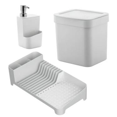 Imagem de Kit Escorredor de Louças + Lixeira + Dispenser de Detergente Branco - 