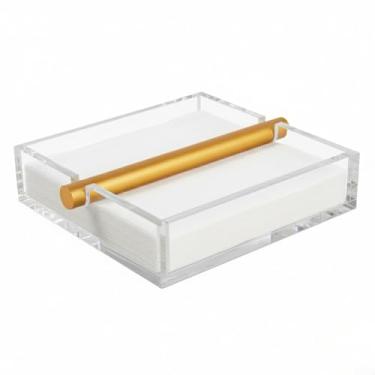 Imagem de Porta-guardanapos transparente e dourado - design quadrado de 17,8 cm x 17,8 cm | Decoração de mesa moderna para sala de jantar, cozinha e buffet | Peça central de mesa elegante, organizador, presente