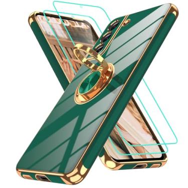 Imagem de Gritup Capa para Samsung Galaxy S21 FE | 2 peças protetoras de tela | Suporte magnético de rotação de 360°, capa protetora à prova de choque de TPU macio com borda dourada banhada a ouro para S21 FE