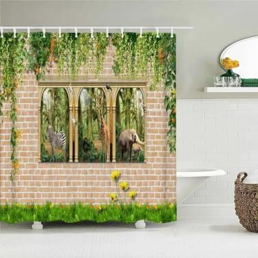 Imagem de Cortina de chuveiro à prova d'água com estampa de plantas vintage, decoração de banheiro com 12 ganchos, decoração de banheira 107 x 205 cm/LxA, cortina de chuveiro abstrata